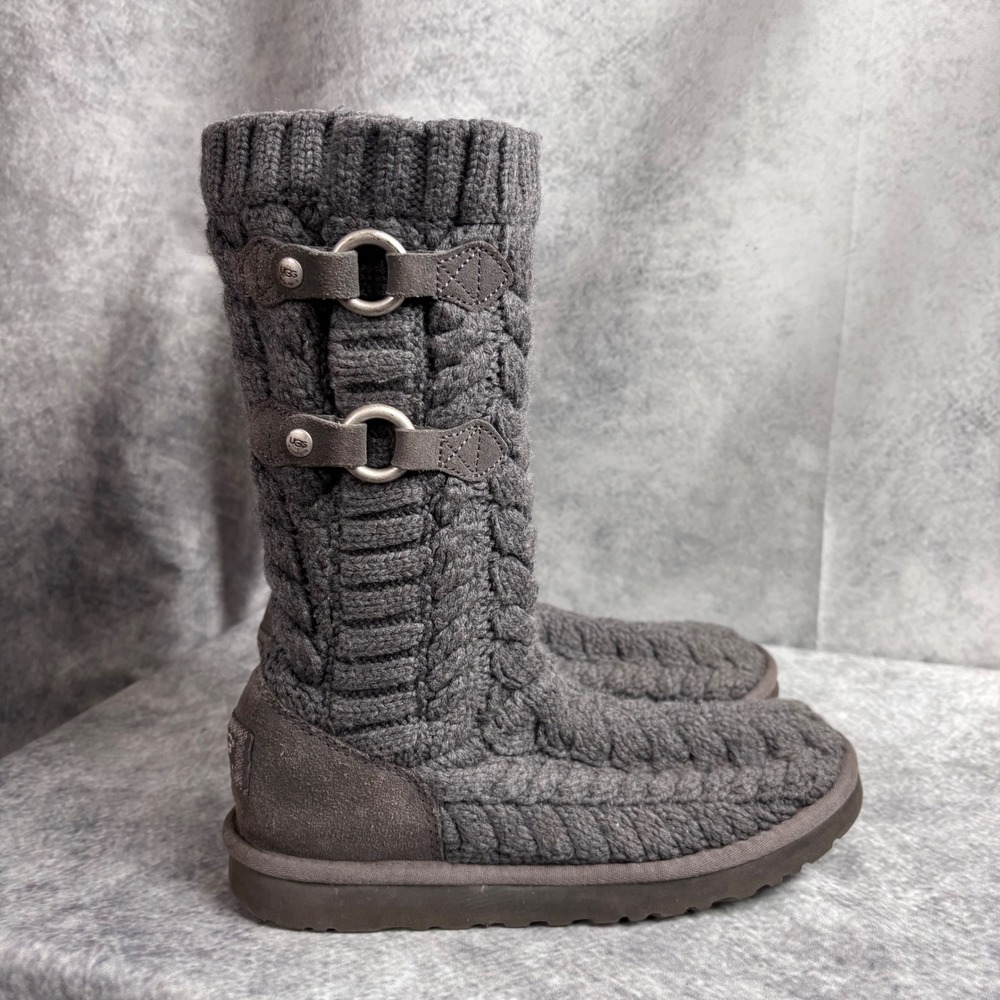 UGG Tularosa‎ Women's Gray Cable Knit Mid-Calf Boots Sheepskin Lined 3177 SIZE 8